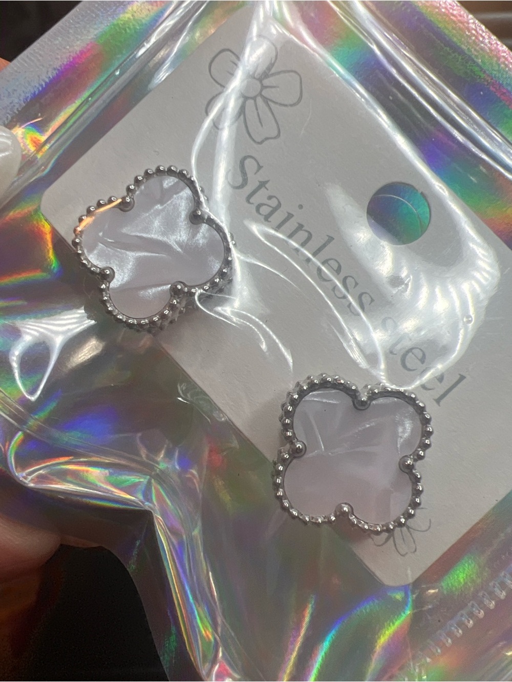 White Clover Stud Earrings with Beaded Edge
